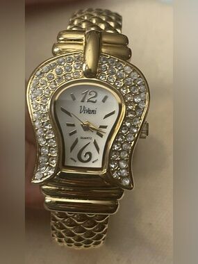 Gold & White Rhinestone Vivani Women's Cuff Watch- Needs Battery